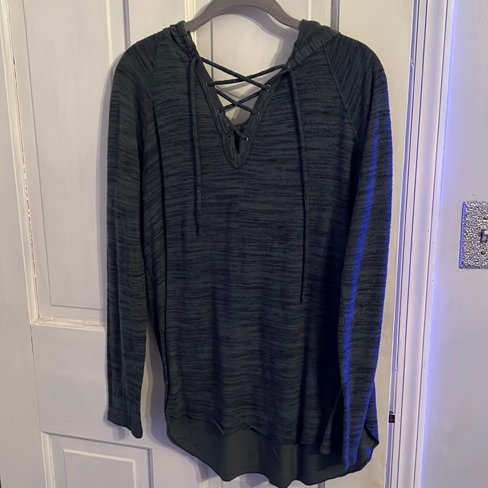 Green lace up top sweater with hood!